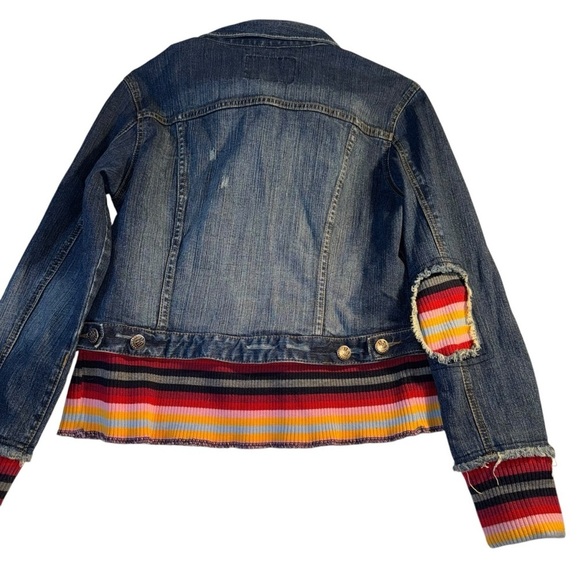 Roca Wear Jr Girls XXL Blue Denim Jean Jacket W/ Hood Knit Multi-Colored Accents - Picture 3 of 8